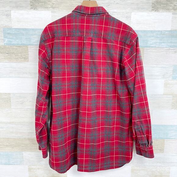 LL Bean Plaid Flannel Button Front Shirt Red Gray Vintage 90s Mens Large Tall LT - Picture 3 of 5